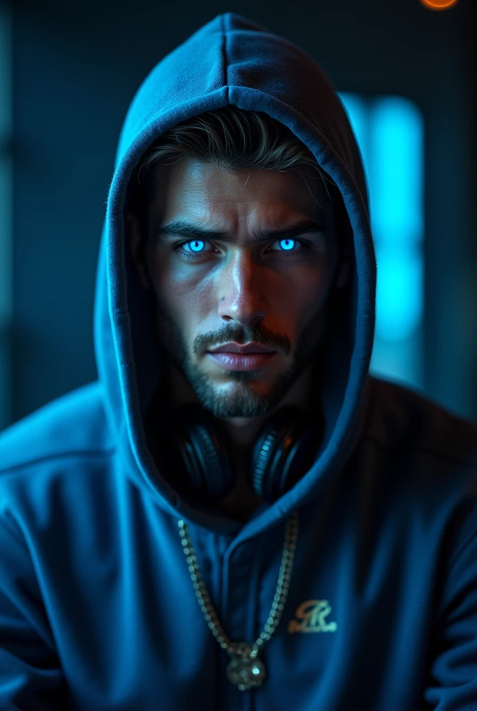 A man from the front, high quality, realistic, ultra realistic, wearing a long sleeved blue shirt with black details, hooded, bright blue eyes, with effects, dj , hip hop, now glowing, black lights