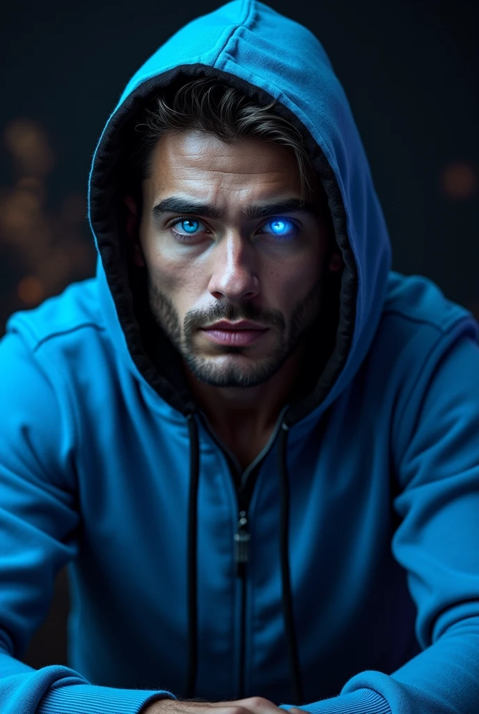 A man from the front, high quality, realistic, ultra realistic, wearing a long sleeved blue shirt with black details, hooded, bright blue eyes, with effects, dj , hip hop, now glowing, black lights