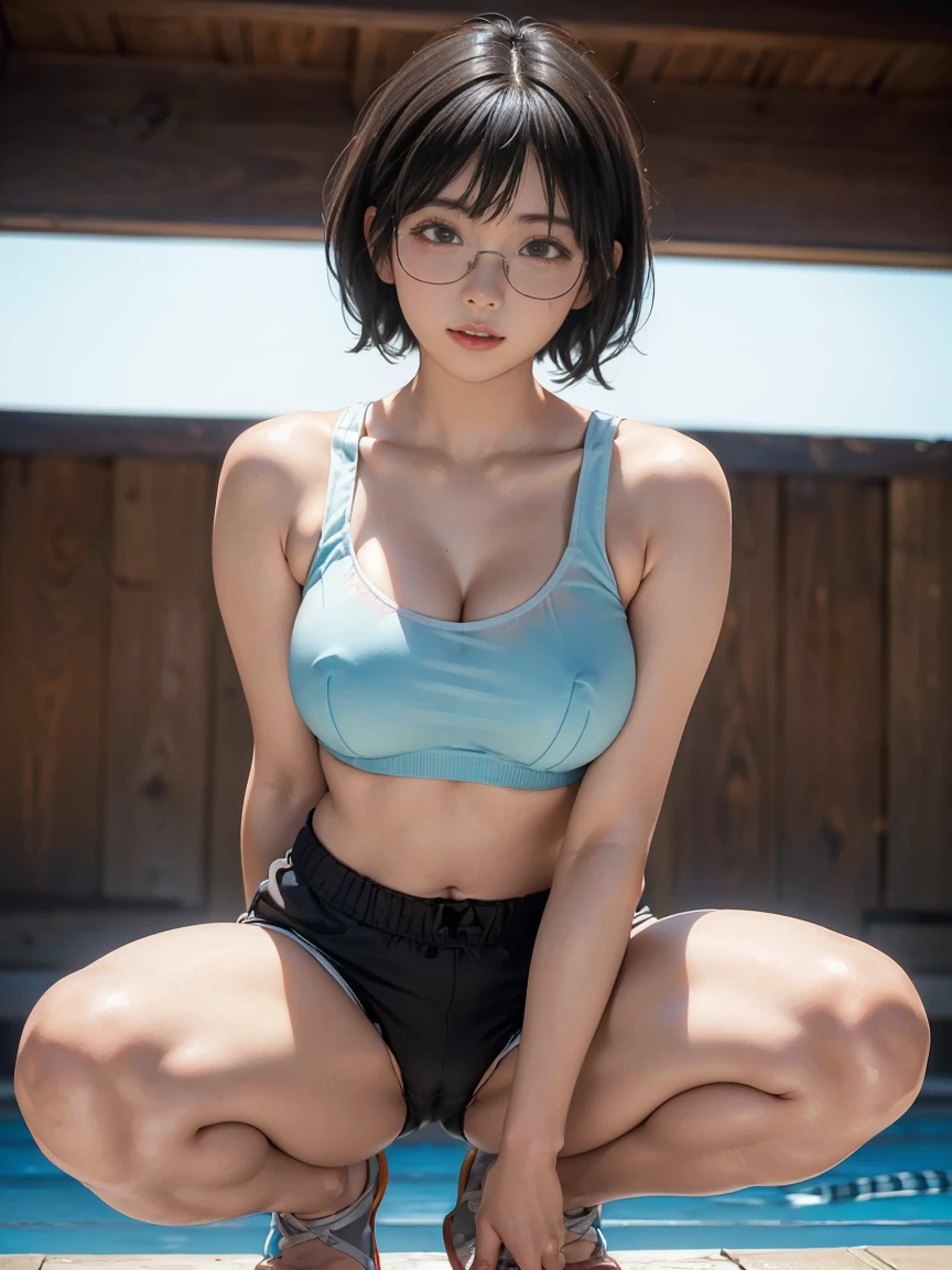 8k, RAW Photos, Highest quality, masterpiece, Realistic, Realistic, (1 Ultimate beauty), ((She was wearing a thin, see-through white sports bra.))((Wearing Dolphin Shorts)),(Strictly adhere to a composition where only one person appears in the photo)、(By the pool)(Wear rimless glasses)((Get into a squat position))Highly detailed face, (Perfect Teeth), fine grain, double eyelid, eyelash, Lip details, (((Black short bob hair), (((Very large breasts)))Big Breasts,(((Accentuate the crotch)))(((Accentuate the crotch)))((Sexy pose))Cowboy Shot, Soft Light, ((Written boundary depth))
Proceed with caution,((,Japanese women)), (((moderately fleshy body, Tight waist))), (((Realistic))(((Front view)))