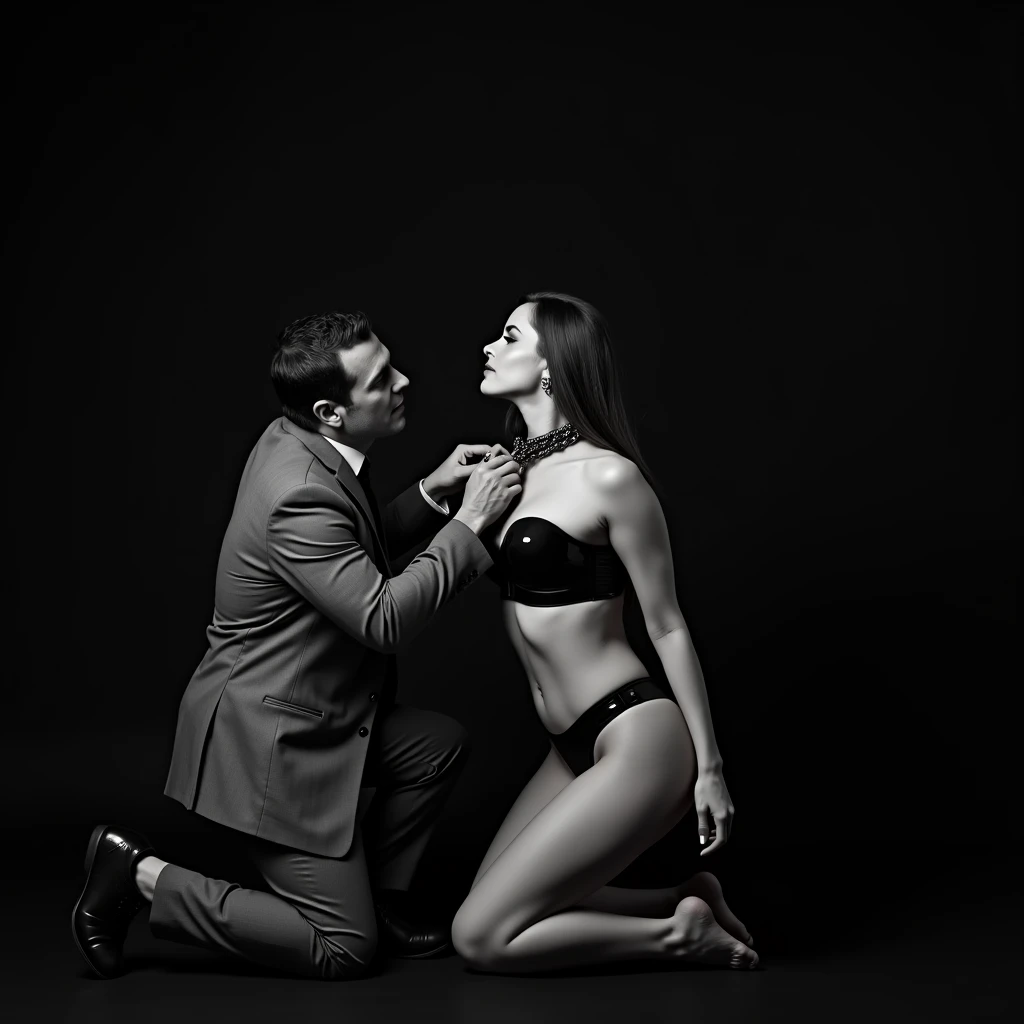 30 year old woman, voluptuous body, nalgona, busty, black latex lingerie, latex collar on the neck with chain, She kneeling looking up, In front of her a mature man taking the chain that goes on her necklace dressed in a gray suit, Photo studio, Black background, black and white, in the interior of a luxurious house