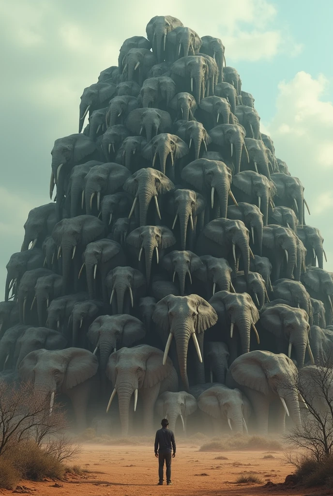 “Create an image showing a large mound made up of 471 grown, deceased Sri Lankan elephants, stacked together to form a mountain. Position a grown man next to this mound for scale comparison, emphasizing the immense size difference between the man and the mountain of elephants.” Elephant look should be dead