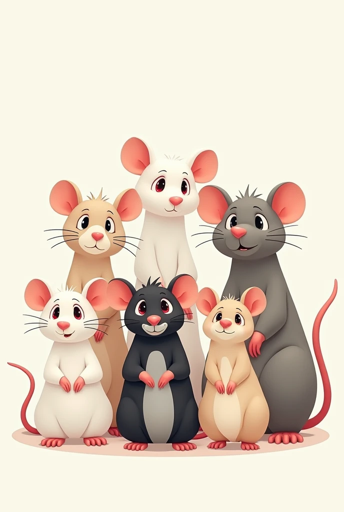 can u give me a cartoonish/illustration of 6 male rats, the first one is completely white and has red eyes, the second one is completely beige, the third one is white with a grey head and back, the fourth one is black and white with a black head and back, fifth one is brown white with a brown head, and the last one is white grey with a grey head and back