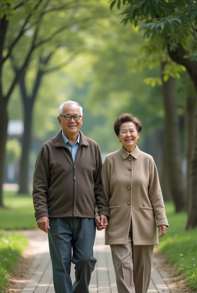 An elderly Chinese couple is walking in the park, smiling. Real portrait, real scene