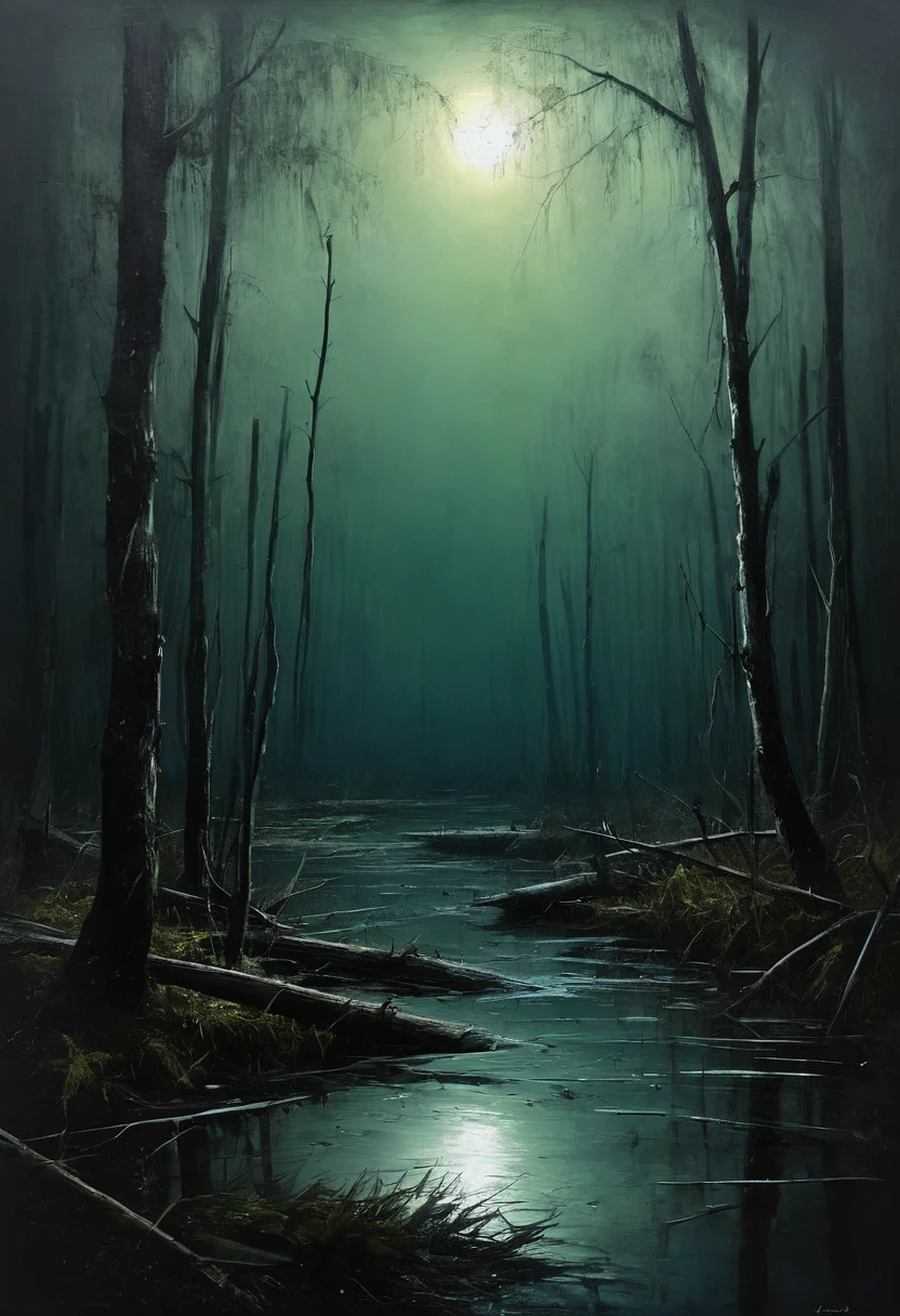 painting of a swamp, dark atmosphere, cinematic scene, volumetric lights, ultra realistic, in the style of nicola samori