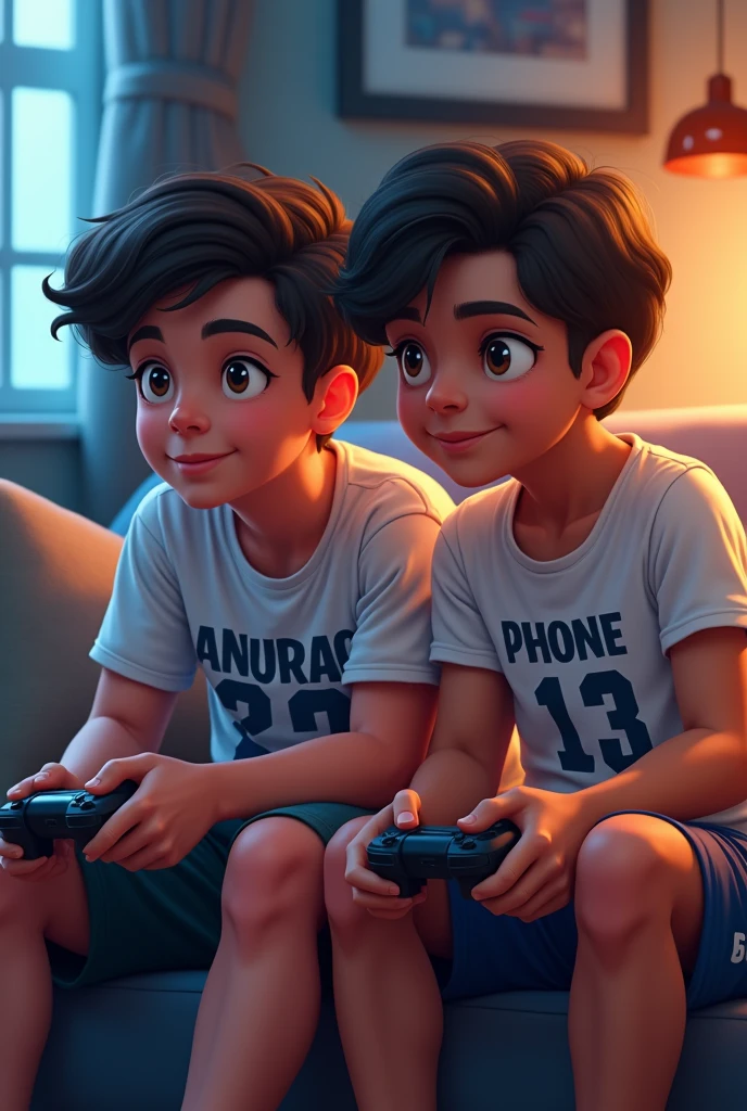 Do ladke sath baithkar game khel raha hai video game ek ka naam hai Anurag Jo uske short per likha hua hai dusre ka number phone jo uske tshirt per likha hua hai