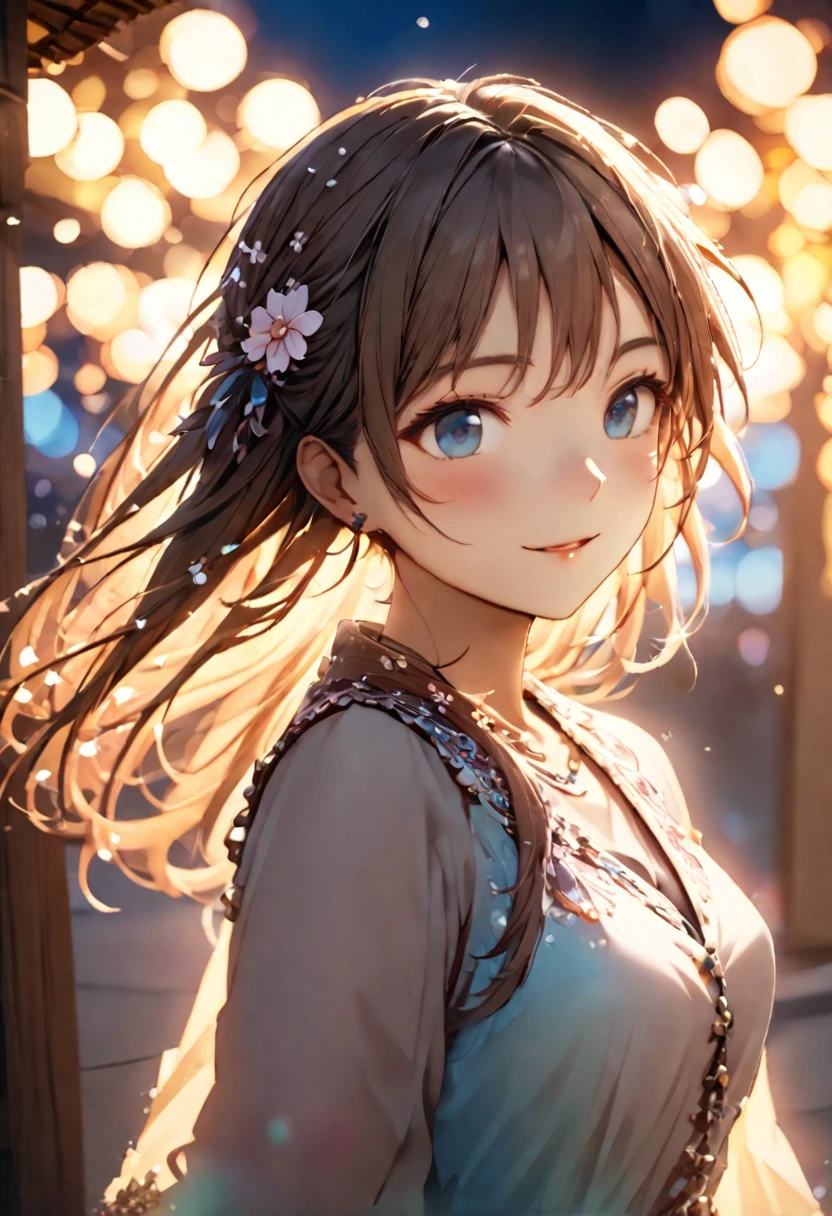 {{Highest quality}},Delicate illustration,Detailed depiction, masterpiece, Boho Eye Hinai Girl, Playful Themes,
Raw photo of a girl wearing a long shirt。Decorative details and symbols are often used。, Brown hair gently fluttering in the wind,Clear blue eyes、A gentle smile、
Long-distance shots, High Key Light, Hard Shadows, Soft bokeh, Professional photography, A balanced deal, Balanced Exposure,