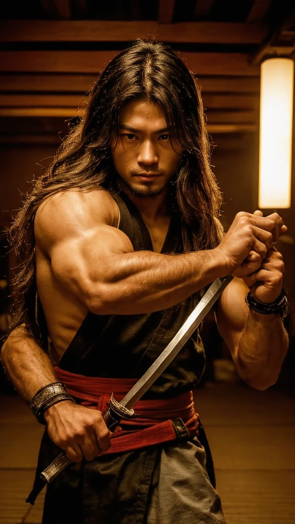 Young Samurai, Please stretch your arms out in front of you, Hold a sword in each hand, Accurate arm and hand detailing, Realist:1.3,( fPhoto, Realist, 8k, RAW Photos, Premium Quality, masterpiece, Great lighting, Centered Images), (Dynamic Movement, Dynamic Fighting,), (2 Knives), Fight with two swords, whole body, (Disheveled brown long hair), (Handsome Japanese young man, 1, Be confident、Trained muscles., Wildman and his body in perfect detail), View your viewers, cyber punk, Warrior, Tokyo, Shibuya Ward,