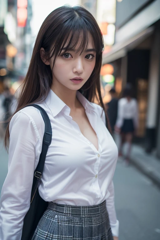 (((Realistic photograph))),, Portraiture, (Scary face:1.3),, beautiful girl, View your viewers, , (school uniform:1.2), Buttoned shirt and trousers, , (Cleavage:1),, On the streets of Japan, (Environment details:1.3),, (RAWphotograph, CG unity, photograph, ultra Realistic details, Sharp focus, Detailed skin,4K, High resolution, masterpiece, Highest quality, Realistic, Vibrant:1.2),, (8k,4K, 超High resolution, High resolution, Professional, movieのような, movie, dramatic),, (Anamorphic depth of field blur background), Detailed Background,
