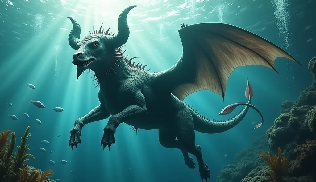 There is a fish underwater,It has a bull's head and a snake's tail.,Wings growing from the ribs(best quality,4K,8k,High level,masterpiece:1.2),Ultra Detailed,(lifelike,Photo real,Photo real:1.37)