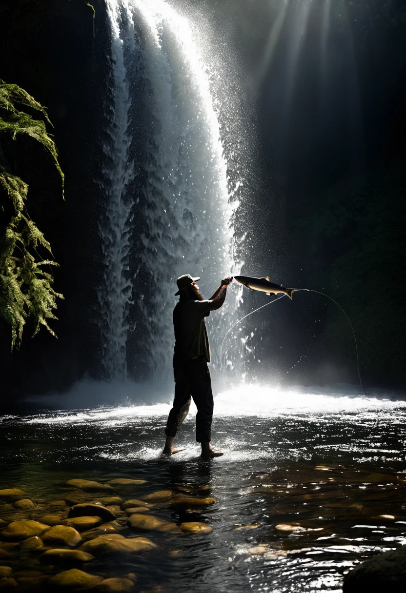 a female fisherman catching a huge salmon while lure fishing in a mountain stream, water splash, flecks of light, peak of excitement, detailed portrait of the woman's face and expression, realistic, photorealistic, 8k, best quality, masterpiece, highly detailed, vivid colors, dramatic lighting, dramatic composition, beautiful detailed eyes, beautiful detailed lips, extremely detailed face and features, long eyelashes, beautiful serene landscape, rocky mountain stream, evergreen forest, sunlight filtering through trees, detailed foliage and rocks