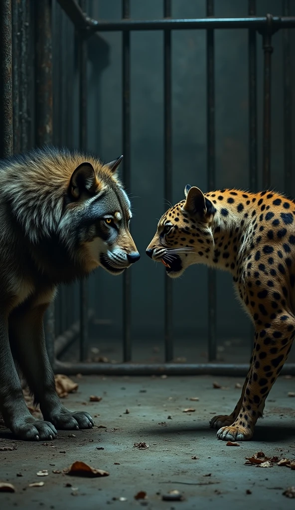 Wolf and panther in the same cage