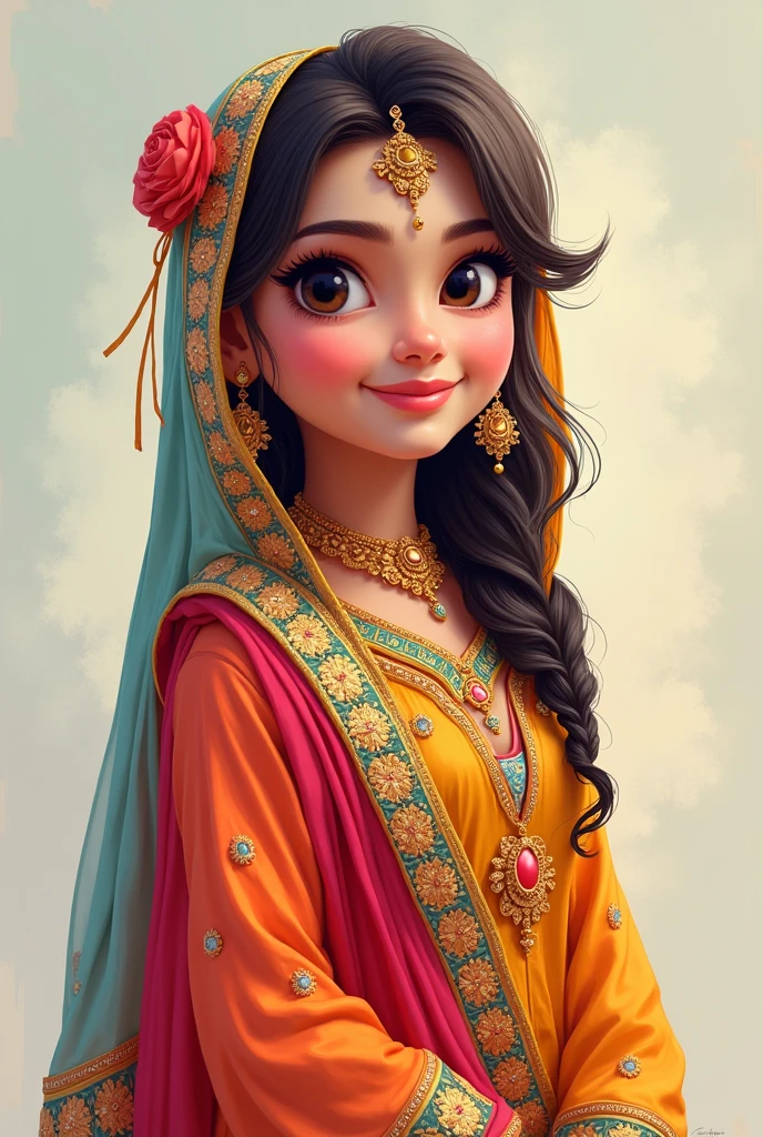 A girl wearing punjabi traditional Indian clothing with touch of cartoons on it