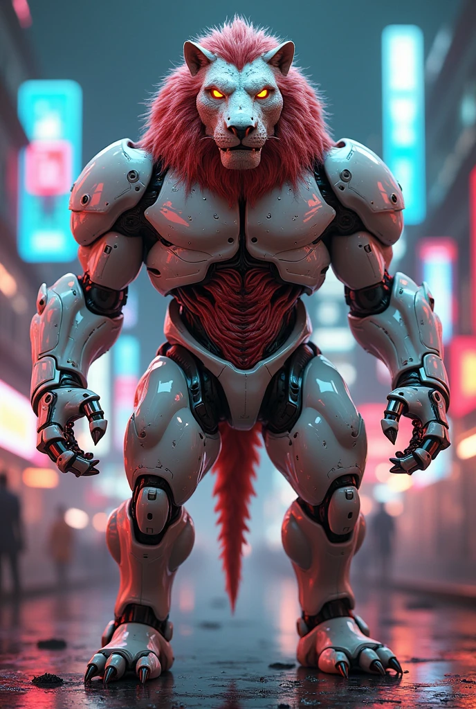 A dinasor is white and red color in robot in neon light in India city monster look in hulk body in lion face man dick