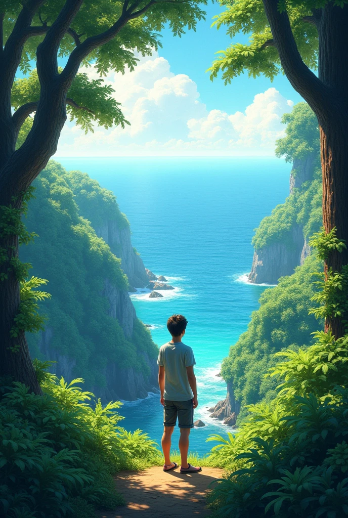 A 20 years old boy stand up in a forest and see Ocean View