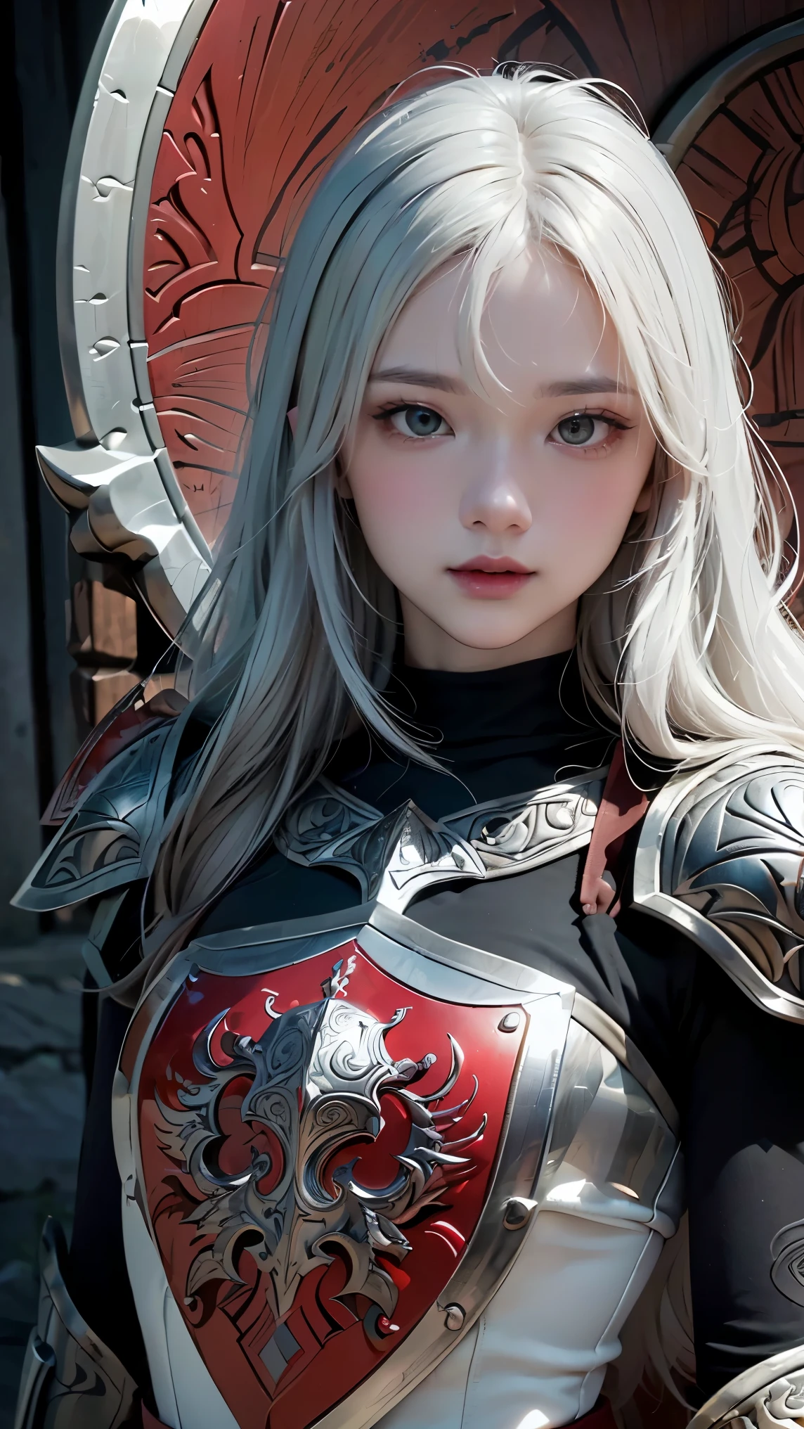 ((best quality)), ((Masterpiece)), (details), perfect face, White Warrior, ((long white hair, white skin, conjunctivitis)), Black Magic Sword, (A greatsword engraved with red runes.), Crazy eyes, Pale cheeks, fantasy novels, 2 women, ((silver armor, glove, And the shield has engraved patterns.))