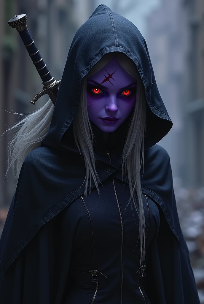 elfa drow, purple skin, Eyes red, white hair, assassin outfit with two daggers, scar on eye, hood on the head, Ear Body Piercing, covered mouth