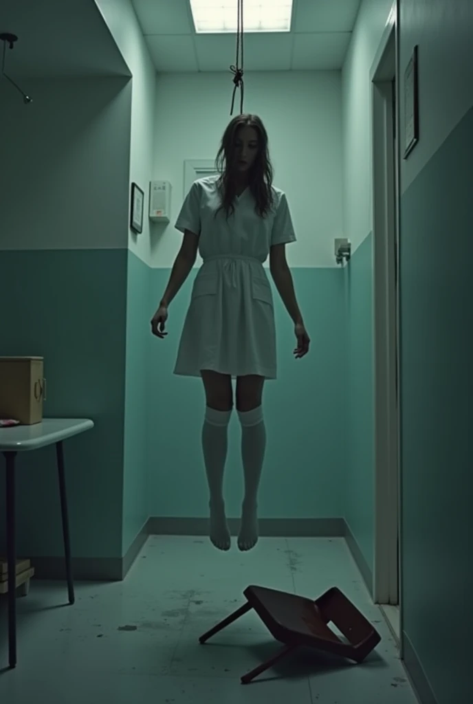 Nurse scene in white thigh high socks, hanged, thòng lọng, hovering in the air , The chair fell at the nurse's feet.