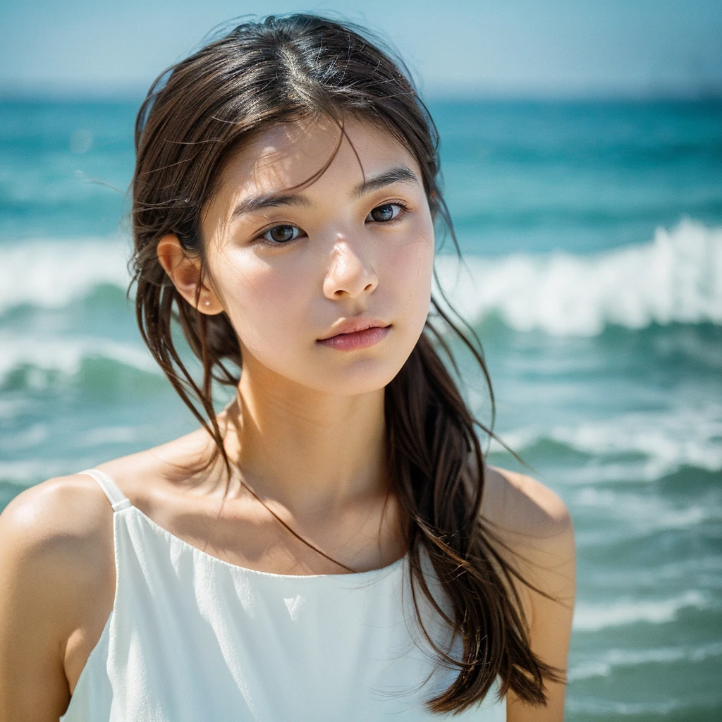 A hyper-realistic image of a single Japanese woman in her early 20s, captured with the nostalgic warmth and subtle graininess of a film camera, with the focus on her upper body from the shoulders up against a serene seaside backdrop. Her skin has a warm beige tone with a natural, slightly rough texture that includes visible pores, fine lines, and subtle imperfections such as small blemishes, adding to the authenticity of her appearance. The soft, diffused natural light reflects off the ocean waves, casting gentle, warm shadows across her face and shoulders, enhancing the film-like quality and creating a timeless, organic feel. Her straight, glossy black hair is slightly tousled by the ocean breeze, naturally framing her face, and her deep brown eyes reflect the soft light of the seaside, adding depth and emotion. The background subtly captures the peaceful ocean scenery with a glimpse of rolling waves and a faint horizon, blurred to maintain focus on her expression. The film camera effect introduces a slight grain and a softer focus, giving the image a warm, nostalgic atmosphere while maintaining the realistic texture of her skin. She is wearing a light, airy top that complements her natural beauty and the beach setting, with the overall composition designed to evoke a sense of genuine, understated elegance and connection with nature.