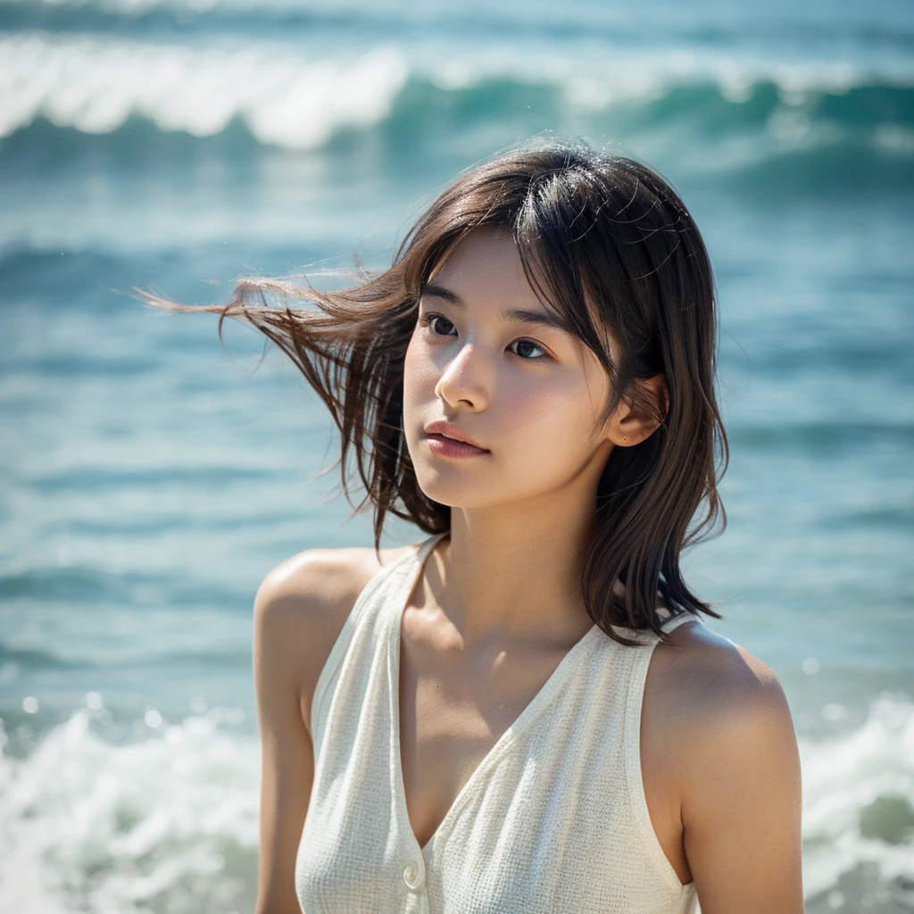 A hyper-realistic image of a single Japanese woman in her early 20s, captured with the nostalgic warmth and subtle graininess of a film camera, with the focus on her upper body from the shoulders up against a serene seaside backdrop. Her skin has a warm beige tone with a natural, slightly rough texture that includes visible pores, fine lines, and subtle imperfections such as small blemishes, adding to the authenticity of her appearance. The soft, diffused natural light reflects off the ocean waves, casting gentle, warm shadows across her face and shoulders, enhancing the film-like quality and creating a timeless, organic feel. Her straight, glossy black hair is slightly tousled by the ocean breeze, naturally framing her face, and her deep brown eyes reflect the soft light of the seaside, adding depth and emotion. The background subtly captures the peaceful ocean scenery with a glimpse of rolling waves and a faint horizon, blurred to maintain focus on her expression. The film camera effect introduces a slight grain and a softer focus, giving the image a warm, nostalgic atmosphere while maintaining the realistic texture of her skin. She is wearing a light, airy top that complements her natural beauty and the beach setting, with the overall composition designed to evoke a sense of genuine, understated elegance and connection with nature.