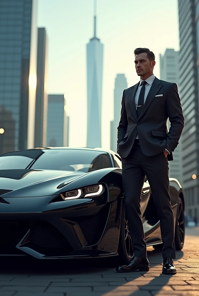 (photorealism:1.2), a man standing outside black scorpio car