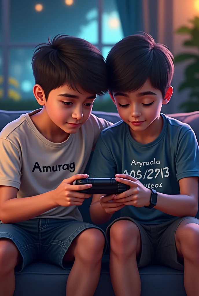 Do ladke sath baithkar game khel raha hai video game ek ka naam hai Anurag Jo uske shirt per likha hua hai dusre ka number phone jo uske tshirt per likha hua hai