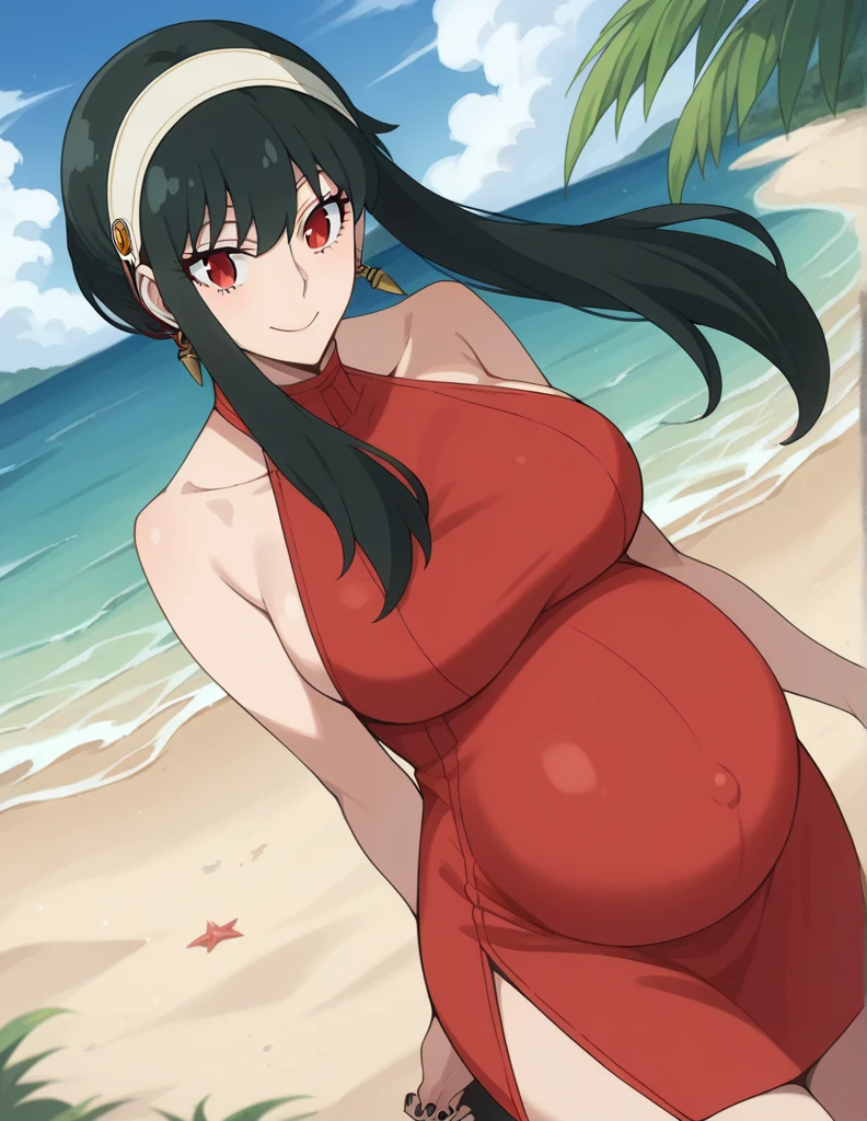 score_9, score_8_up, score_7_up, source_anime,
yorbriar, yor briar, black hair, red eyes, earrings, white hairband, hairband, long hair, sidelocks, Big breasts,
bare shoulders, dress, mini skirt, thighs,
Beach, smile, Black toenails, Black nails,
looking at viewer, dutch angle, cowboy shot, pregnant, huge belly, large belly