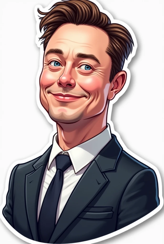 Vector image sticker art of Elon Musk in suit and tie with hood cartoonistic realistic face
