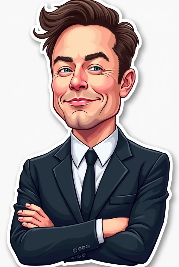 Vector image sticker art of Elon Musk in suit and tie with hood cartoonistic realistic face