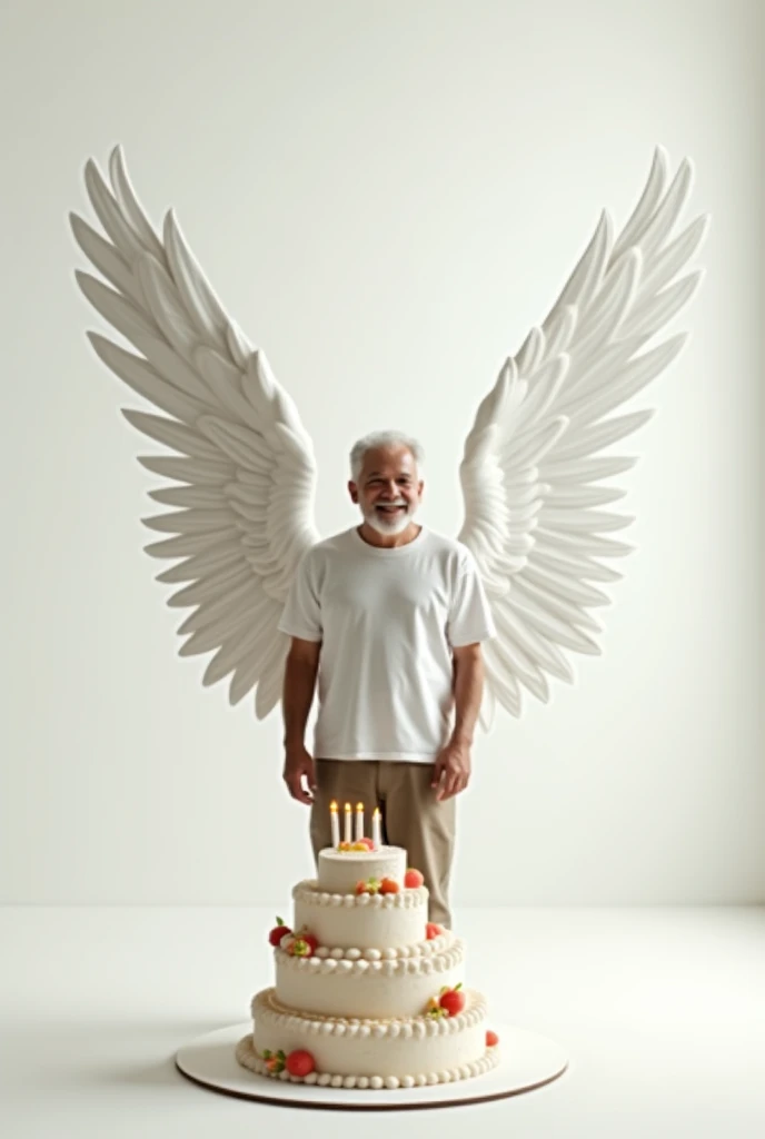 A man his birthday stand with birthday cake and his behind white wings