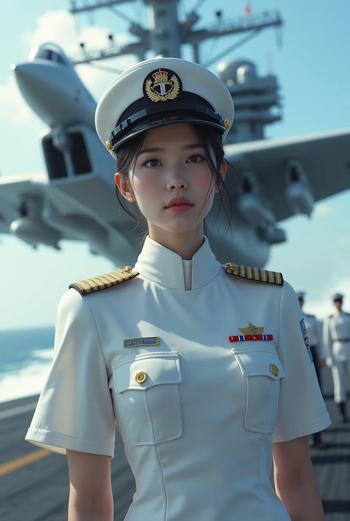Photo-realistic, ultra-realistic, (very beautiful Japanese, her beautiful face is looks like a famous Japanese idol:1.3), (naval commander), her name is MIKA, wearing a white naval uniform, dynamic angle, at a flight deck of a large aircraft carrier, a fighter jet is just taking off, ready to battle, She gives strict orders to her subordinates, (tense expression:1.5)