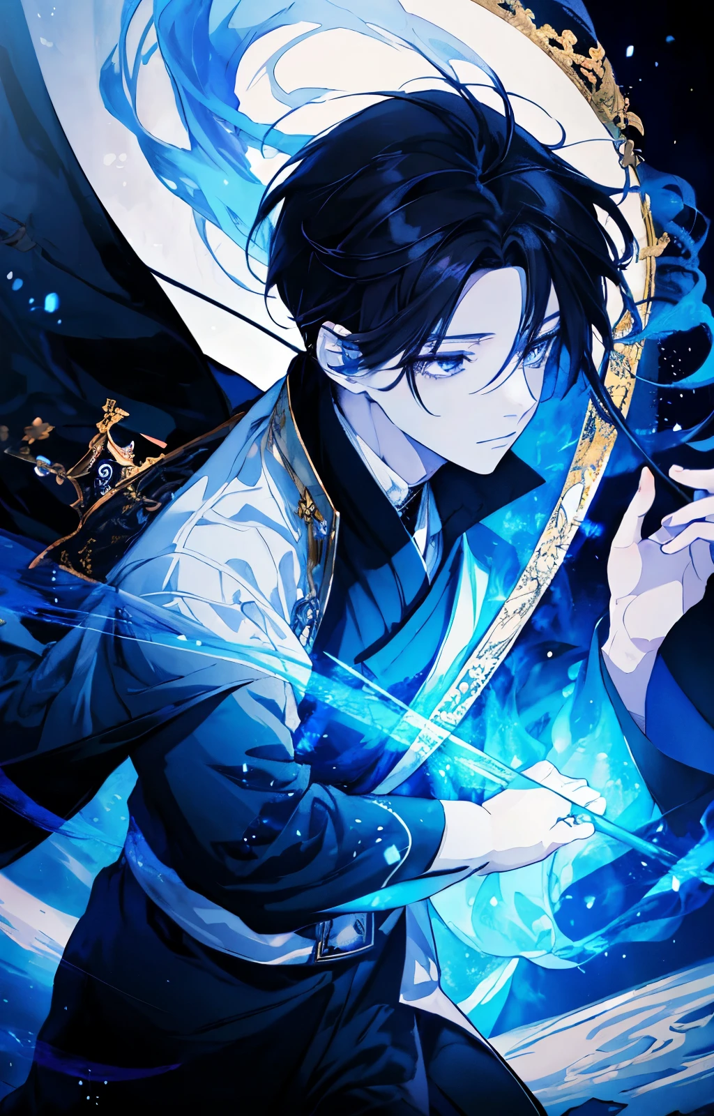 Anime style, (1boy), dark hair, black eyes, white tunic, (floating in:1.3) blue smoke, (mysterious:1.15), magic, peaceful fantasy scene, idealized natural lighting, painterly rendering