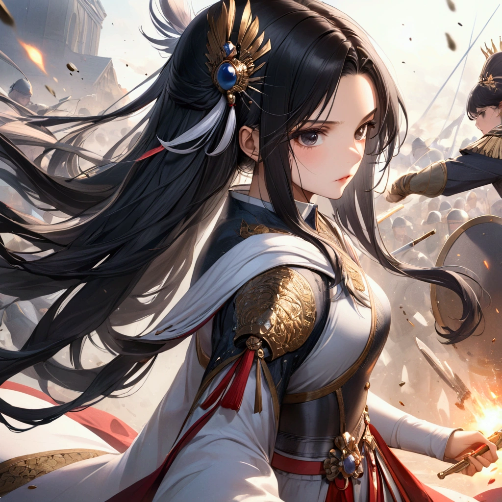 1girl, High Resolution, Long Hair, Black Hair, Hair Ornament, Best Quality, Masterpiece, Queen fighting in war