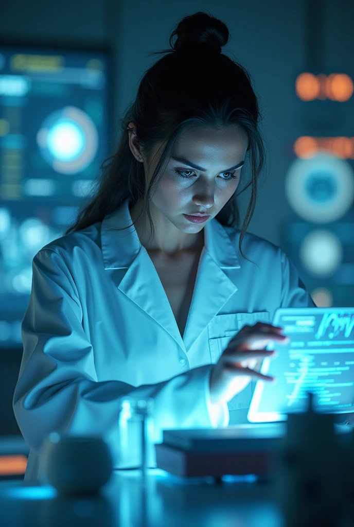 A dedicated scientist, Aranuch, working tirelessly in a futuristic lab. She is surrounded by advanced technology and holographic displays, showing deep concentration and exhaustion. The lab is dimly lit, with screens glowing softly. Aranuch is depicted as a focused, determined woman, wearing a lab coat and staring intently at the data on the screens."