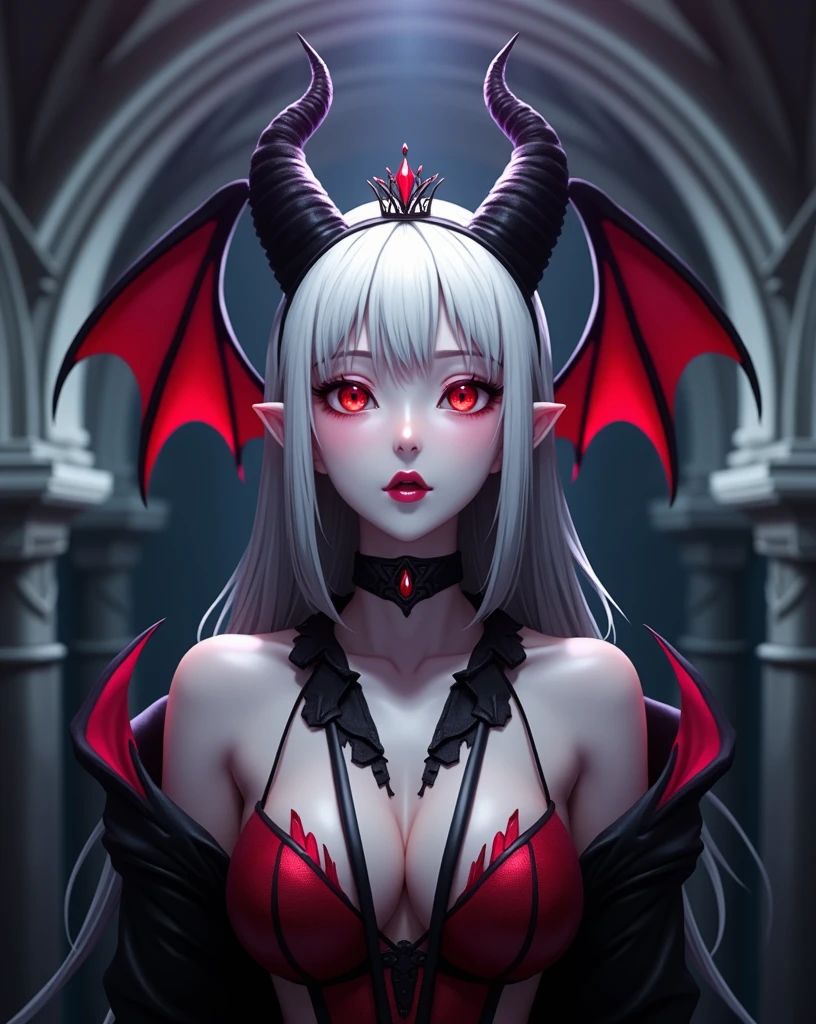 A cinematic shot of a dark fantasy anime-style portrait of a seductive succubus named Lady Venus. She has striking black hair with neon red tips and wears a crown. She has large, glowing red eyes and wears dark clothing. Her wings have a vibrant red center. The background is a dark, gothic architecture. The overall composition is illuminated by dramatic lighting. This portrait is a masterful combination of photography, 3D render, and artistic elements.