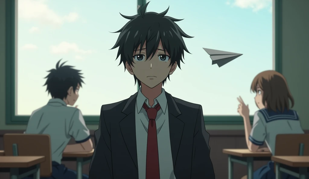 A medium shot anime-style of a male character with natural slightly messy and tousled hair, similar to the main character of the anime 'Hyōka'. He is dressed in a Japan-style school uniform He wears a black blazer as part of his school uniform, with a white t-shirt underneath, and a red tie. He is sitting in a school classroom at a table by the window side. His one hand is on his cheek and His face is expression disinterested. The background is filled with other students. With sleepy eyes , he is 1 , He weighs 50 kilograms
"He is looking out the window when a paper plane suddenly hits his forehead."
"All the students around him are having fun with their friends, but he is sitting alone."
"When he is looking outside, a paper plane is flying and circling above his head."