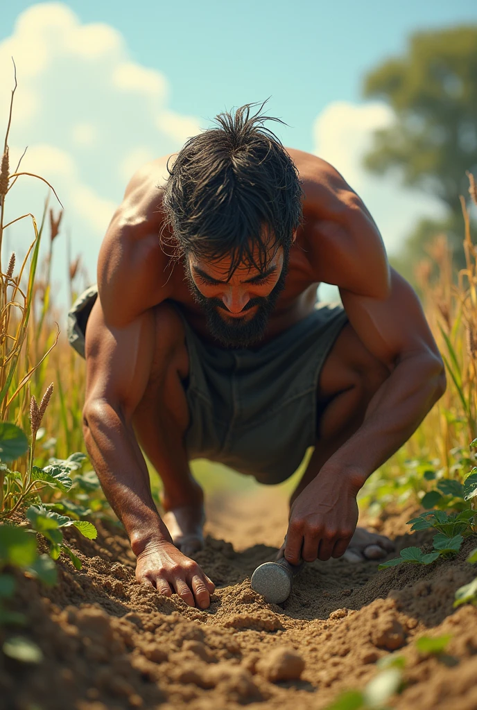 
A small plot of land with the farmer working diligently under the sun. The land is modest, with just a few crops growing. The farmer is bent over, using traditional farming tools, and sweat drips from his brow, symbolizing his hard work and dedication.
Ruined Crops: