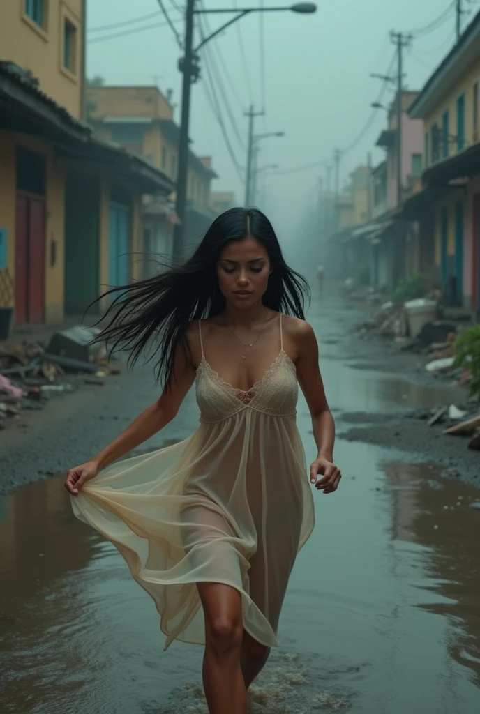(yes NSFW), (1girl), 2 Italian girl with long straight black hair running, girl running alone from flood and big waves, (single girl: 1.3), girl wearing a very long sheer night dress, skirt Buddy lifts her dress to reveal her groin area. ((Lifting the dress by yourself)))、(Lifting it by yourself)、Pants off your skin、No panties、Red blush、Lips parted, looking at the viewers, wind moving the dress showing her perfect ass. (Front view: 1.3). Eyes towards the camera, beautiful face. He runs through the streets of Morocco. Garbage dumps nearby, distant roads, abandoned buildings, garbage all over the ground, cityscape. She flees from the flood and the great waves, a beautiful face. eyes closed, mouth slightly open, smooth skin, realistic pores, (wind skirt), heavy rain, fog, smoke, front view, best quality, fine detail, {{masterpiece, best quality, very detailed CG, unity 8k wallpaper, Cinematic lighting, lens flare}}. ((ultra detail)), (ultra detail), best quality, ultra high definition, (8k, photo RAW, masterpiece, realistic, realistic: 1.4), 8k uhd, dslr, absurd, ray tracing, texture High quality, intricate detail, fine texture, fine detail. Highly detailed CG Unity 8K wallpapers, high quality, masterpiece, real, photo real, dramatic lights, sunrise brightness, light scattering by particles in a colloid like a very fine suspension (a cell), Tyndall effect: 1.5)0