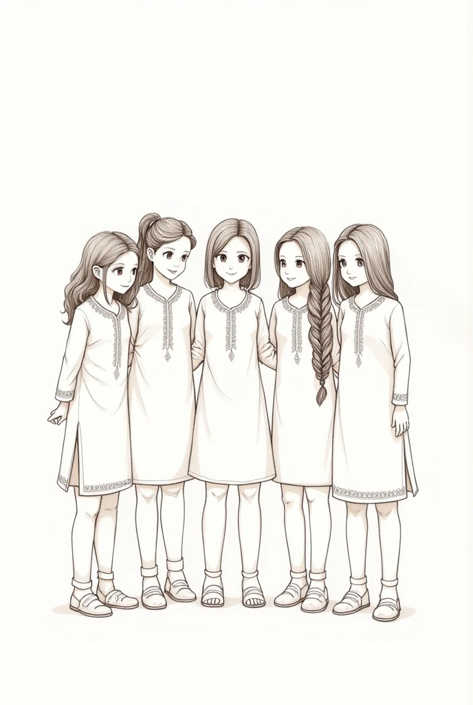 5 girls standing together with white school dress kurtas and chunri drawing sketch one girl have a ponytail, other' s long hairs and braids 