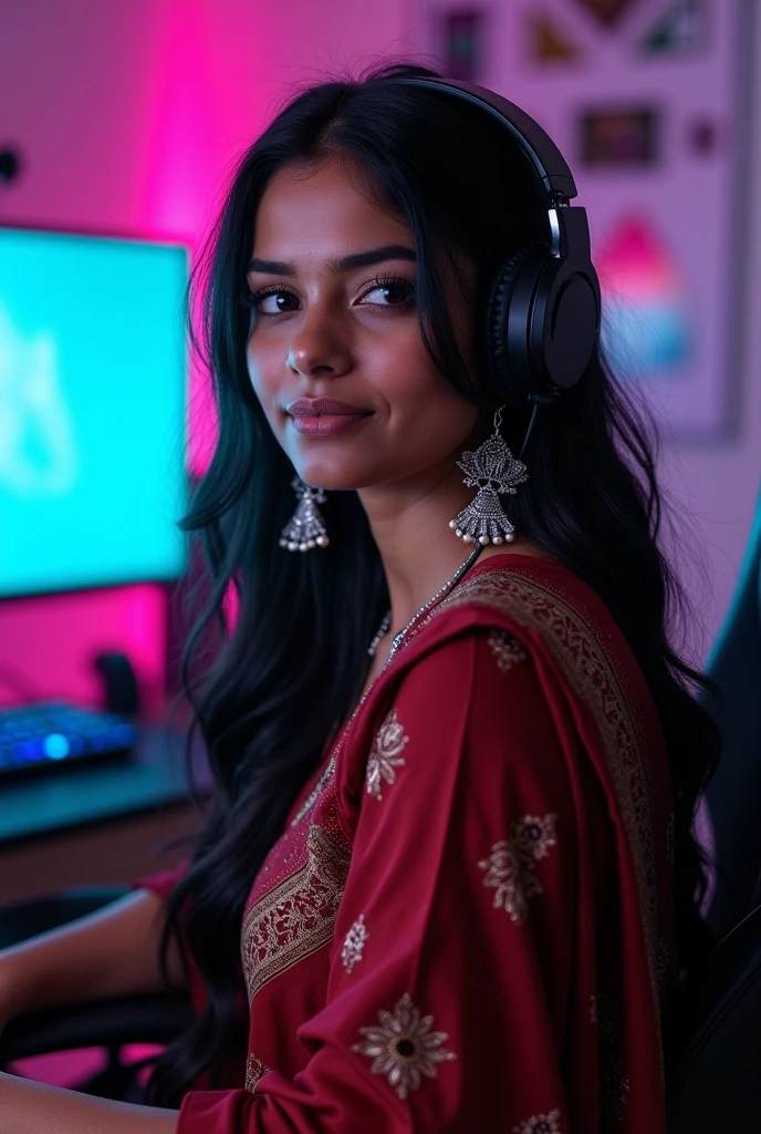 A full body shot portrait of an Indian woman gazing alluringly at the camera, showcasing her long, silky black hair and enchanting dark eyes, wearing an elegant kurti adorned with intricate patterns, silver earrings catching the light, and a cool gaming setup in the background, illuminated by RGB lights, with her wearing sleek headphones, captured in 8K HDR, highly detailed, realistic image emphasizing her confident, vibrant spirit in a modern gaming environment.