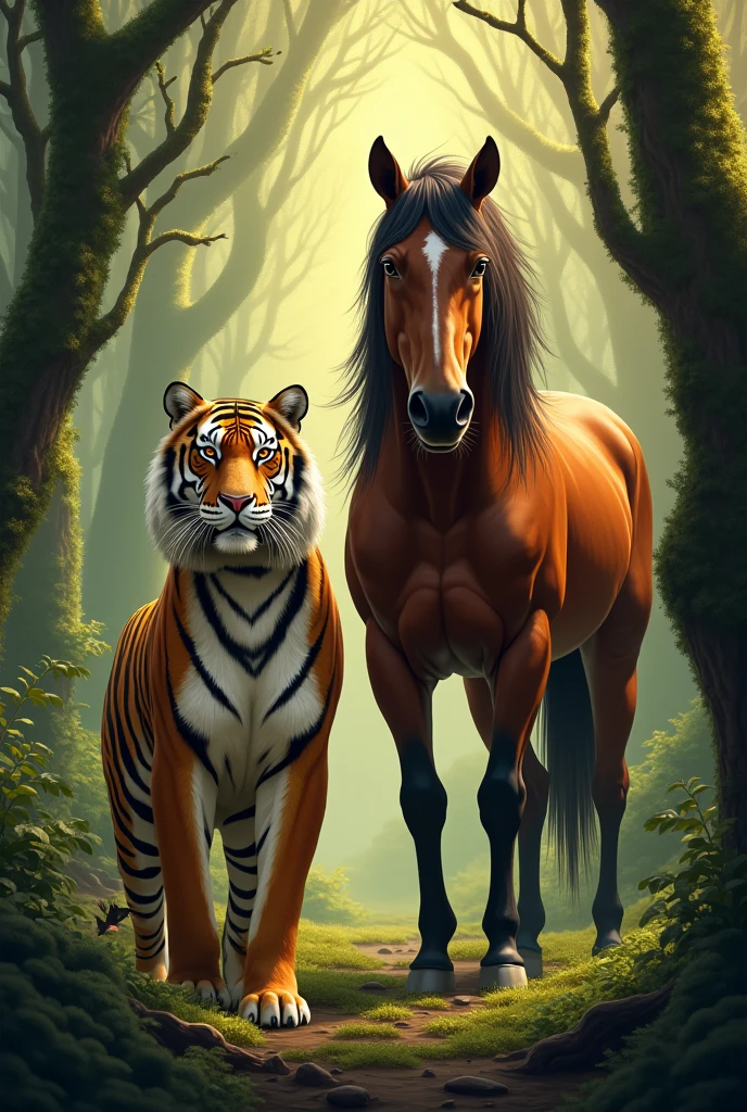 A tiger stands beside a horse in the deep forest.