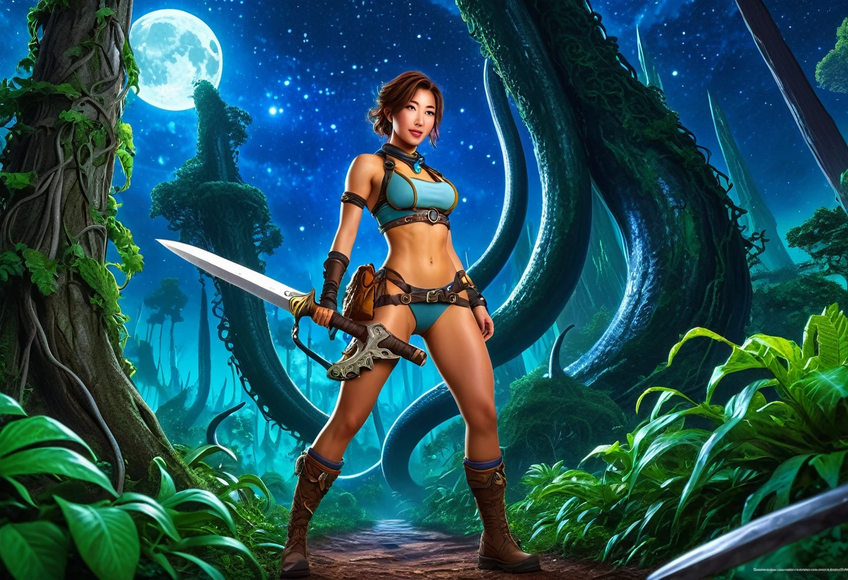 A adventurer woman (yuna, muscular, lean, sweaty, big butt, sexy explorer outfit) is using a machete to clear a path through a dense alien forest, tentacle vines reach from trees, she is carving a trail to an eldritch spire, 3 moons hang in the starry sky each a different color