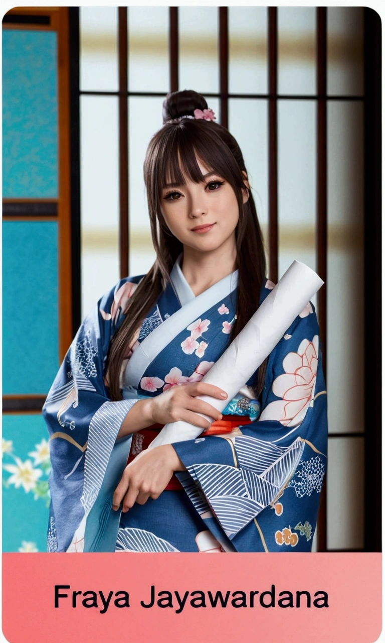Create a chibi anime of a woman in a kimono holding a roll of paper