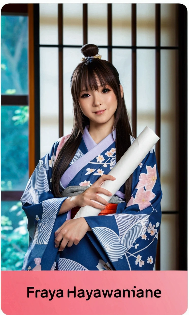 Create a chibi anime of a woman in a kimono holding a roll of paper