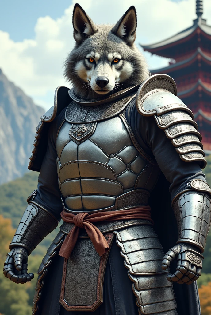 A muscular anthropomorphic wolf wearing silver samurai armor、The five-story pagoda in the background、Standing facing forward、The whole body is shown from head to toe