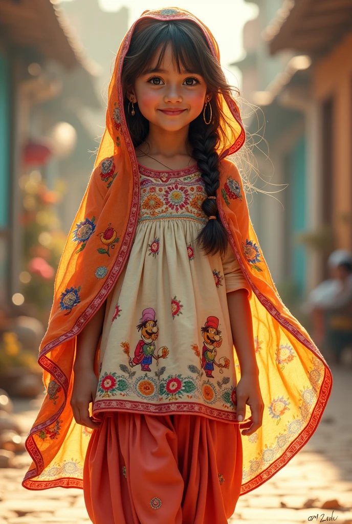 A girl wearing punjabi traditional Indian clothing with cartoons on cloth