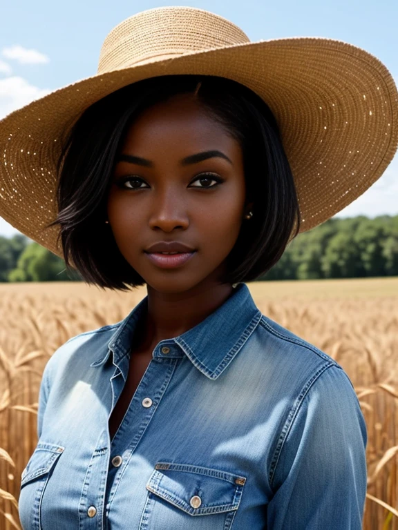 ebony busty beauty with short straight black hair. Penetrating brown eyes should be the focal point. She is wearing a light blue denim shirt and light blue denim jeans, In the background, a wheat field is shown, a heavenly and luxurious place, 8k, perfect photo, dark skin, chocolate skin, beautiful green eyes. impeccable image of high quality and creativity, RAW colors, balanced lights