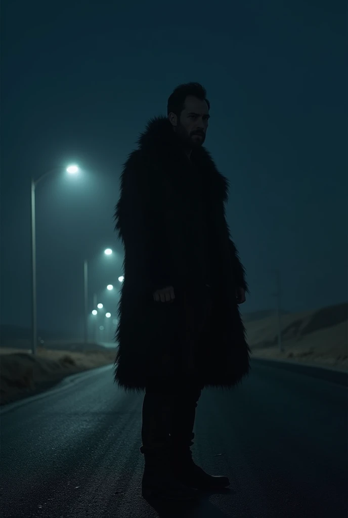 photo of a man standing on the road at night wearing a bison