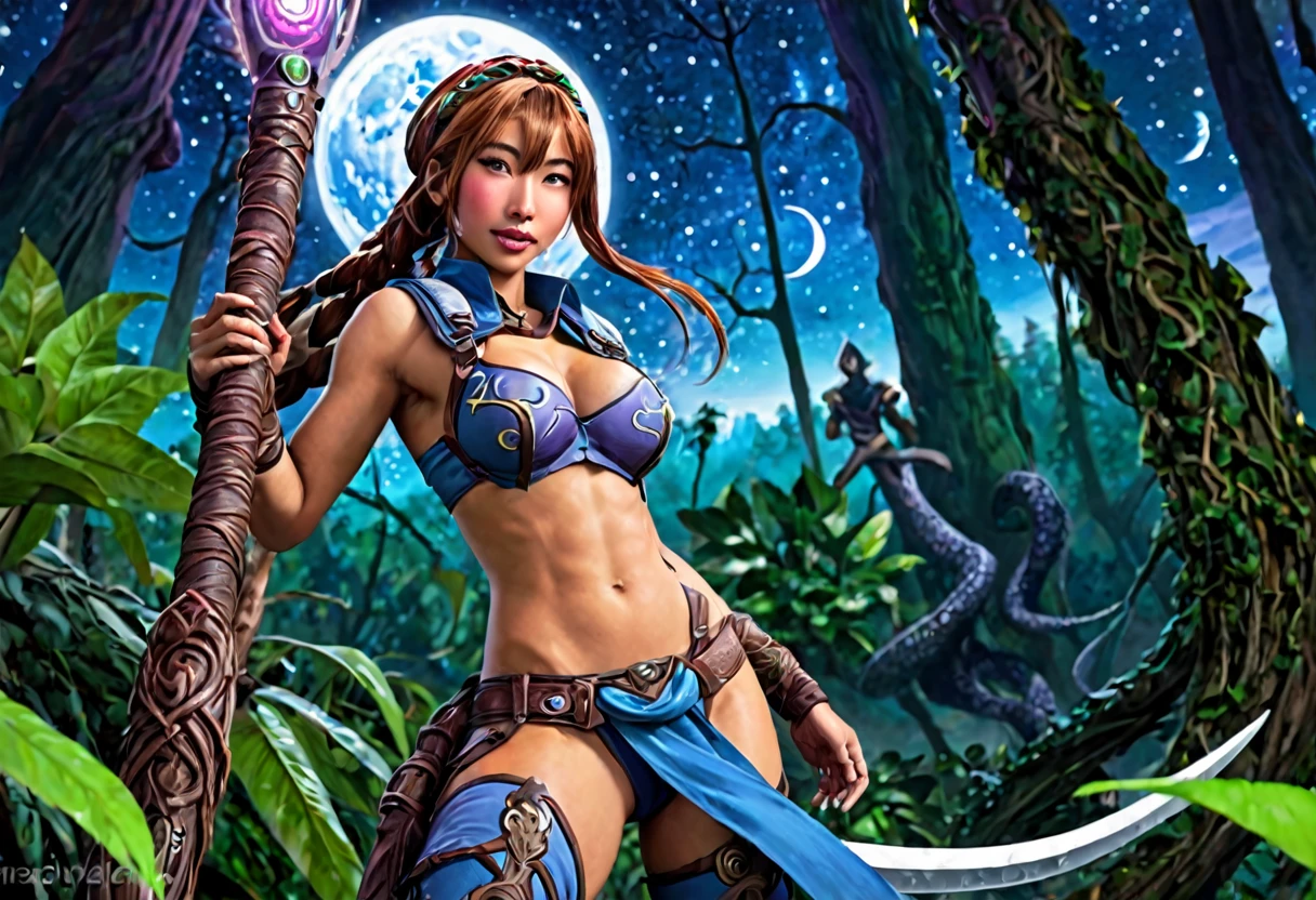 A adventurer woman (yuna, muscular, lean, sweaty, big butt, sexy explorer outfit) is using a machete to clear a path through a dense alien forest, tentacle vines reach from trees, she is carving a trail to an eldritch spire, 3 moons hang in the starry sky each a different color