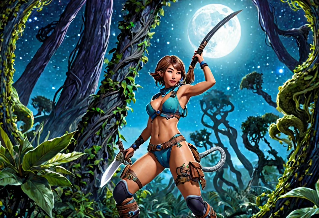 A adventurer woman (yuna, muscular, lean, sweaty, big butt, sexy explorer outfit) is using a machete to clear a path through a dense alien forest, tentacle vines reach from trees, she is carving a trail to an eldritch spire, 3 moons hang in the starry sky each a different color
