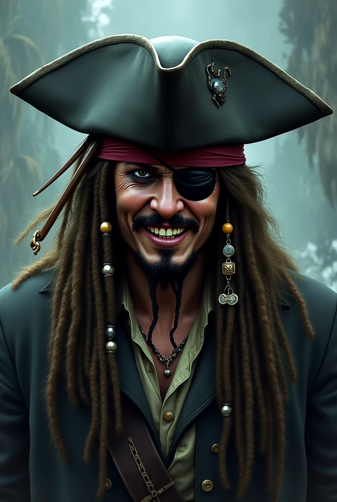 Captain Jack sparrow with eye patch wear evil smile